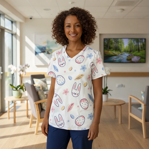 African American nurse wearing white Easter scrub top with pastel bunny and egg print in bright medical waiting room