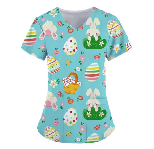 Close-up of baby blue Easter scrub fabric with detailed bunny and floral print