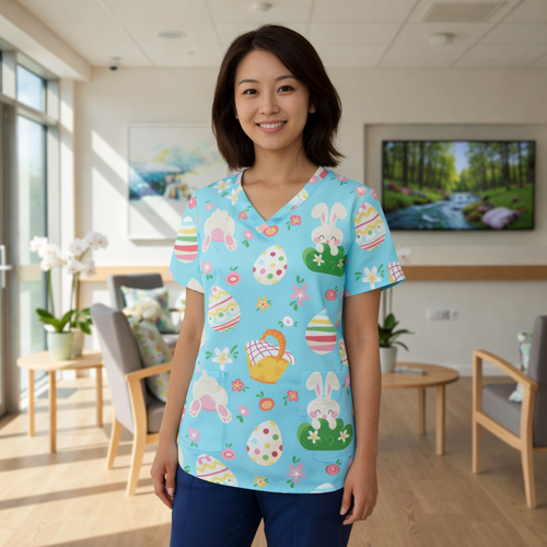 East Asian nurse wearing baby blue Easter scrub top with playful bunny and egg pattern