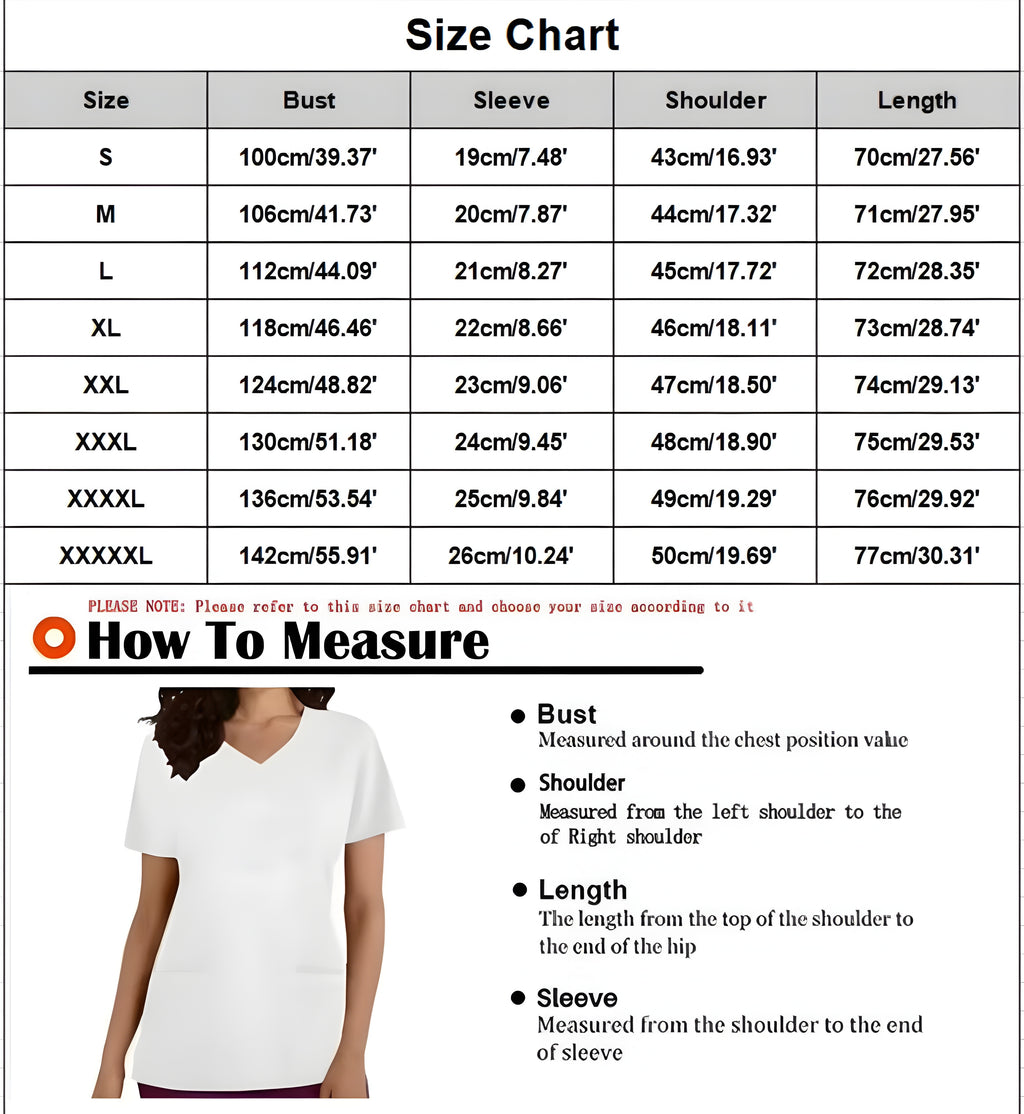 Size chart for women’s baby blue Easter scrub top with flattering V-neck fit