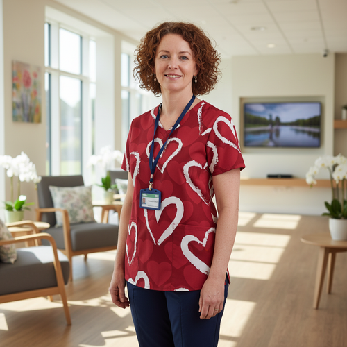 Valentine's Day Heart Print Women’s Scrub Top – V-Neck Medical Tunic Shirt | EU/USA Sizing