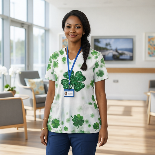 St Patrick's day Shamrock Women’s Scrub Top – V-Neck Medical Tunic Shirt | EU/USA Sizing