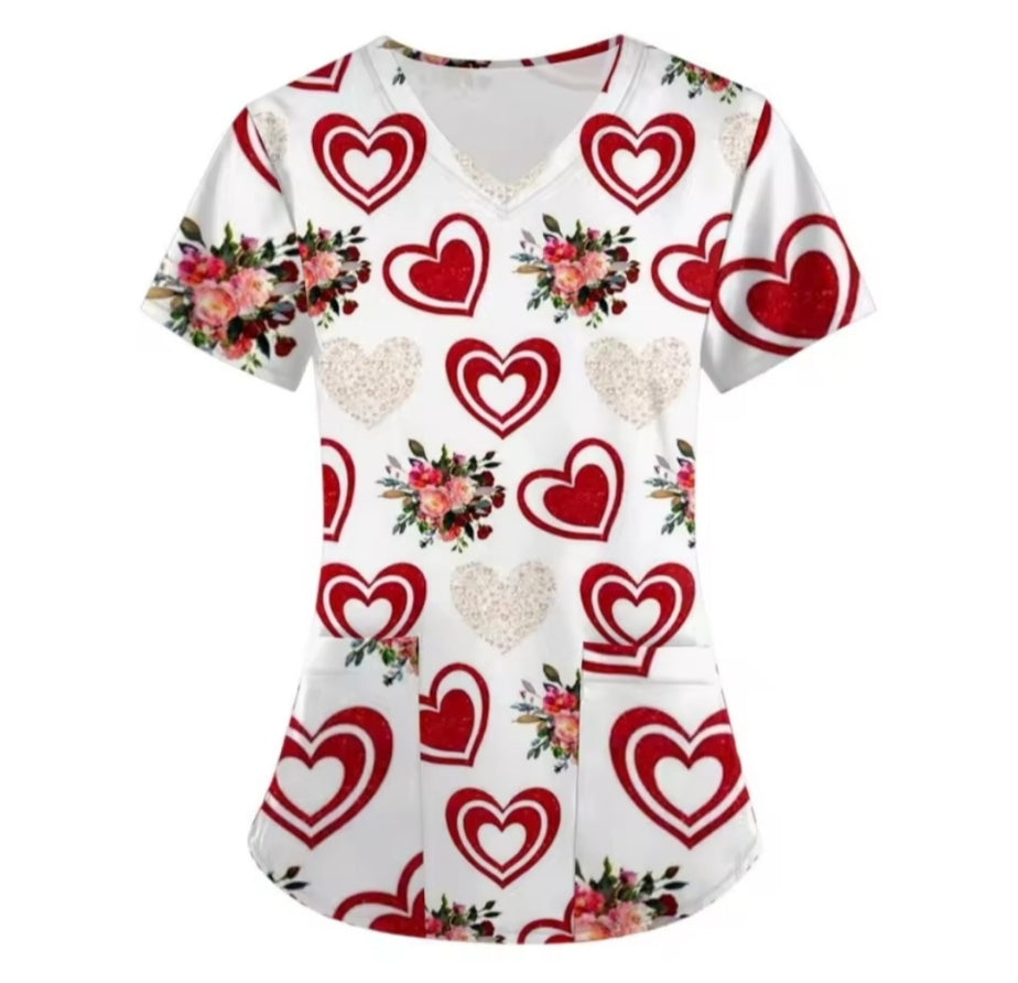 Valentine's Day Heart Print Women’s Scrub Top – V-Neck Medical Tunic Shirt | EU/USA Sizing