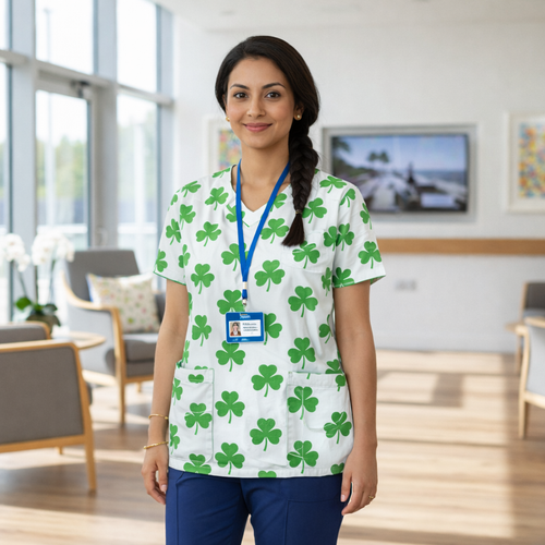 St Patrick's day Shamrock Women’s Scrub Top – V-Neck Medical Tunic Shirt | EU/USA Sizing