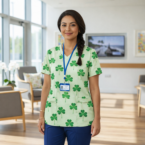 St Patrick's day Shamrock Women’s Scrub Top – V-Neck Medical Tunic Shirt | EU/USA Sizing