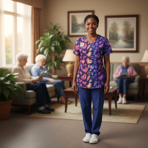 Valentine's Day Heart Print Women’s Scrub Top – V-Neck Medical Tunic Shirt | EU/USA Sizing