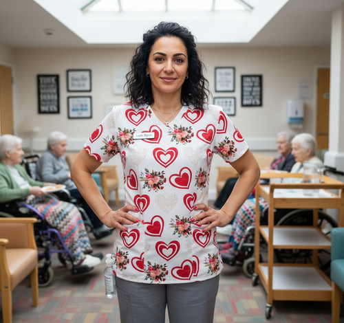 Valentine's Day Heart Print Women’s Scrub Top – V-Neck Medical Tunic Shirt | EU/USA Sizing