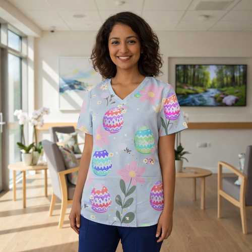 Gray Rainbow Easter Scrub Top for Women 🌈 Cute Spring Medical Shirt