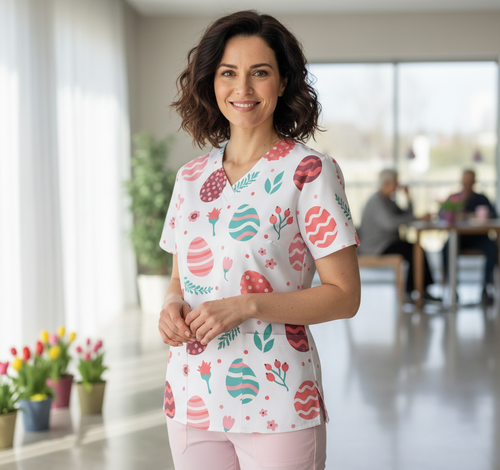 Easter Egg Women’s Scrub Top – V-Neck Medical Tunic Shirt | EU/USA Sizing