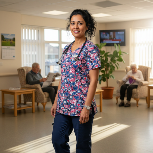 Valentine's Day Heart Print Women’s Scrub Top – V-Neck Medical Tunic Shirt | EU/USA Sizing