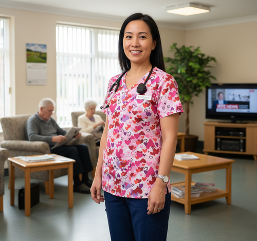 Valentine's Day Heart Print Women’s Scrub Top – V-Neck Medical Tunic Shirt | EU/USA Sizing