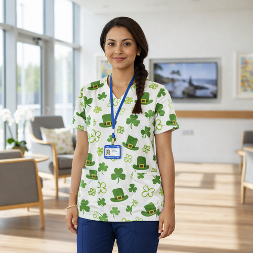 St Patrick's day Shamrock Women’s Scrub Top – V-Neck Medical Tunic Shirt | EU/USA Sizing