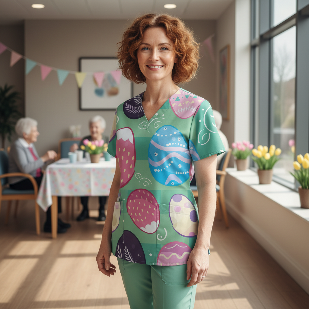 Easter Egg Women’s Scrub Top – V-Neck Medical Tunic Shirt | EU/USA Sizing