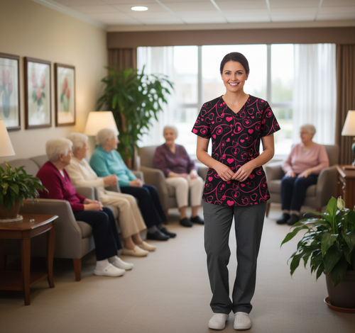 Valentine's Day Heart Print Women’s Scrub Top – V-Neck Medical Tunic Shirt | EU/USA Sizing