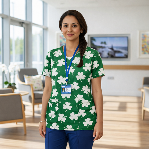 St Patrick's day Shamrock Women’s Scrub Top – V-Neck Medical Tunic Shirt | EU/USA Sizing