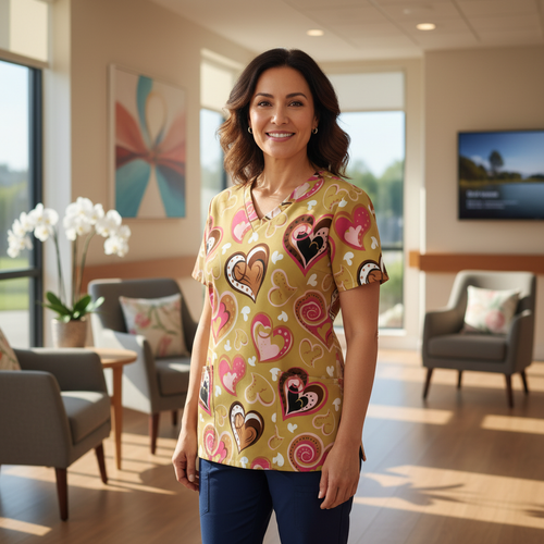 Valentine's Day Heart Print Women’s Scrub Top – V-Neck Medical Tunic Shirt | EU/USA Sizing