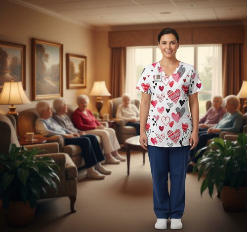 Valentine's Day Heart Print Women’s Scrub Top – V-Neck Medical Tunic Shirt | EU/USA Sizing