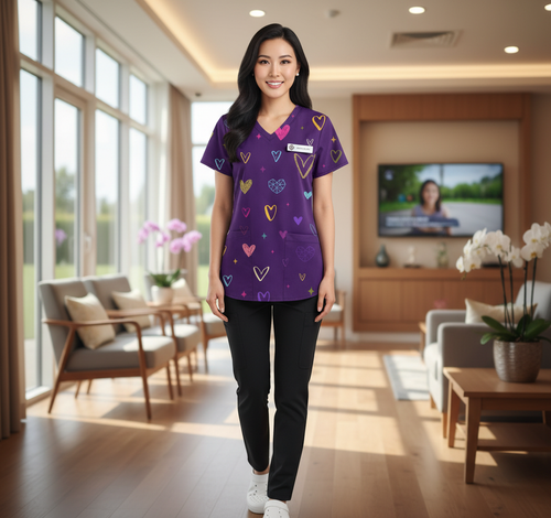 Valentine's Day Heart Print Women’s Scrub Top – V-Neck Medical Tunic Shirt | EU/USA Sizing