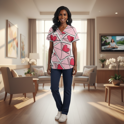 Valentine's Day Heart Print Women’s Scrub Top – V-Neck Medical Tunic Shirt | EU/USA Sizing