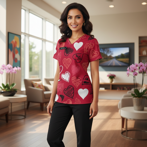 Valentine's Day Heart Print Women’s Scrub Top – V-Neck Medical Tunic Shirt | EU/USA Sizing