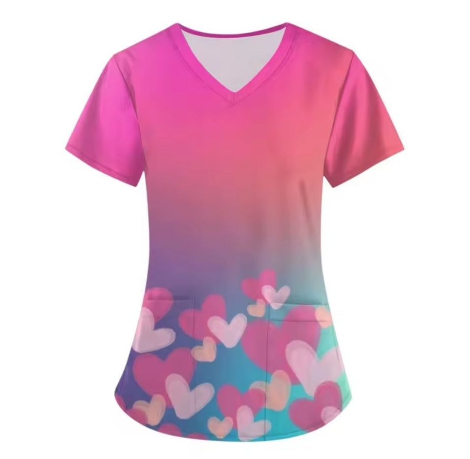 Valentine's Day Heart Print Women’s Scrub Top – V-Neck Medical Tunic Shirt | EU/USA Sizing