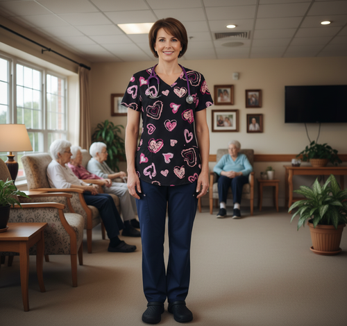 Valentine's Day Heart Print Women’s Scrub Top – V-Neck Medical Tunic Shirt | EU/USA Sizing