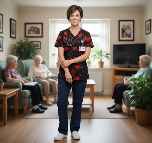 Valentine's Day Heart Print Women’s Scrub Top – V-Neck Medical Tunic Shirt | EU/USA Sizing