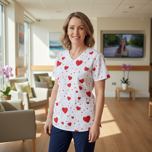 Valentine's Day Heart Print Women’s Scrub Top – V-Neck Medical Tunic Shirt | EU/USA Sizing
