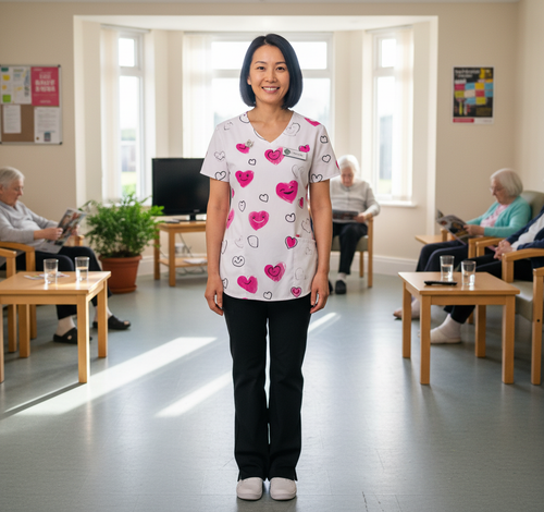 Valentine's Day Heart Print Women’s Scrub Top – V-Neck Medical Tunic Shirt | EU/USA Sizing