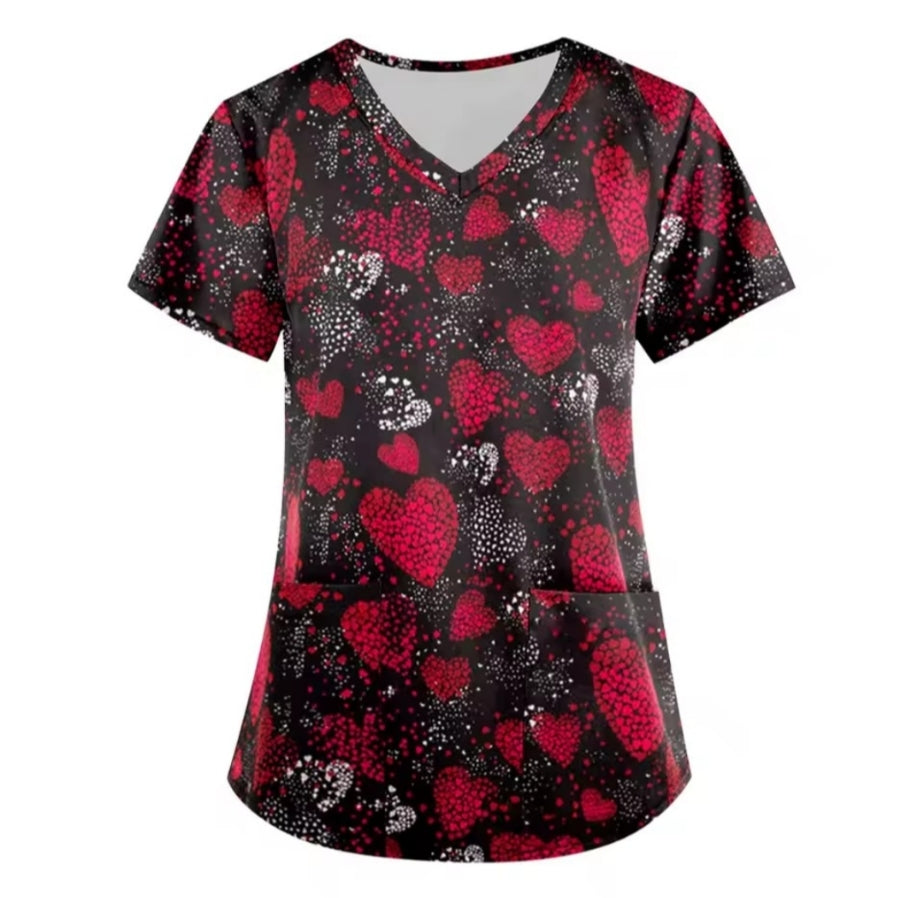 Valentine's Day Heart Print Women’s Scrub Top – V-Neck Medical Tunic Shirt | EU/USA Sizing