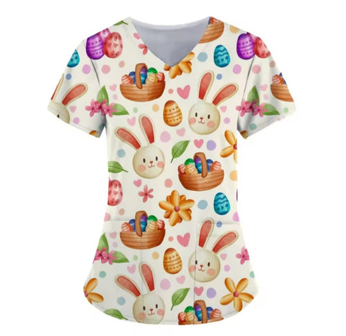 Colorful Easter Scrub Top for Women 🐇 Festive Bunny & Egg Print
