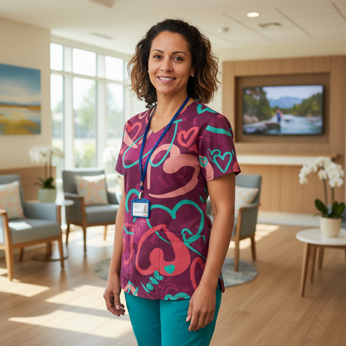 Valentine's Day Heart Print Women’s Scrub Top – V-Neck Medical Tunic Shirt | EU/USA Sizing