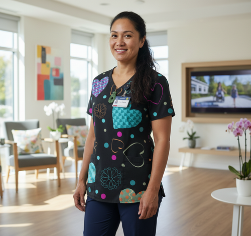 Valentine's Day Heart Print Women’s Scrub Top – V-Neck Medical Tunic Shirt | EU/USA Sizing